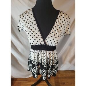 Vintage Y2K MKM Designs Black White Floral Polka‎ Dot Smocked Baby Doll Top S